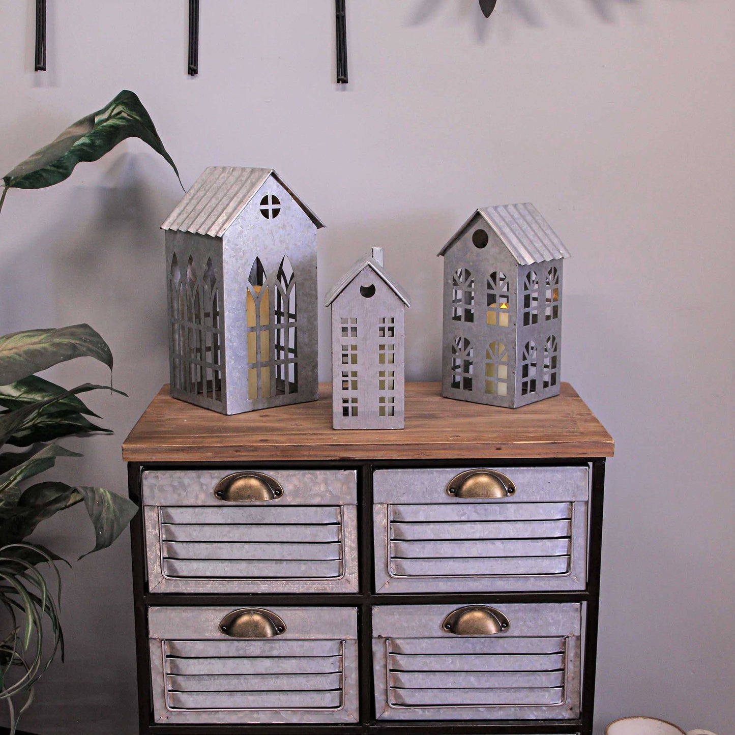 Set of 3 Country Farmhouse Metal House Shaped Candle Holders