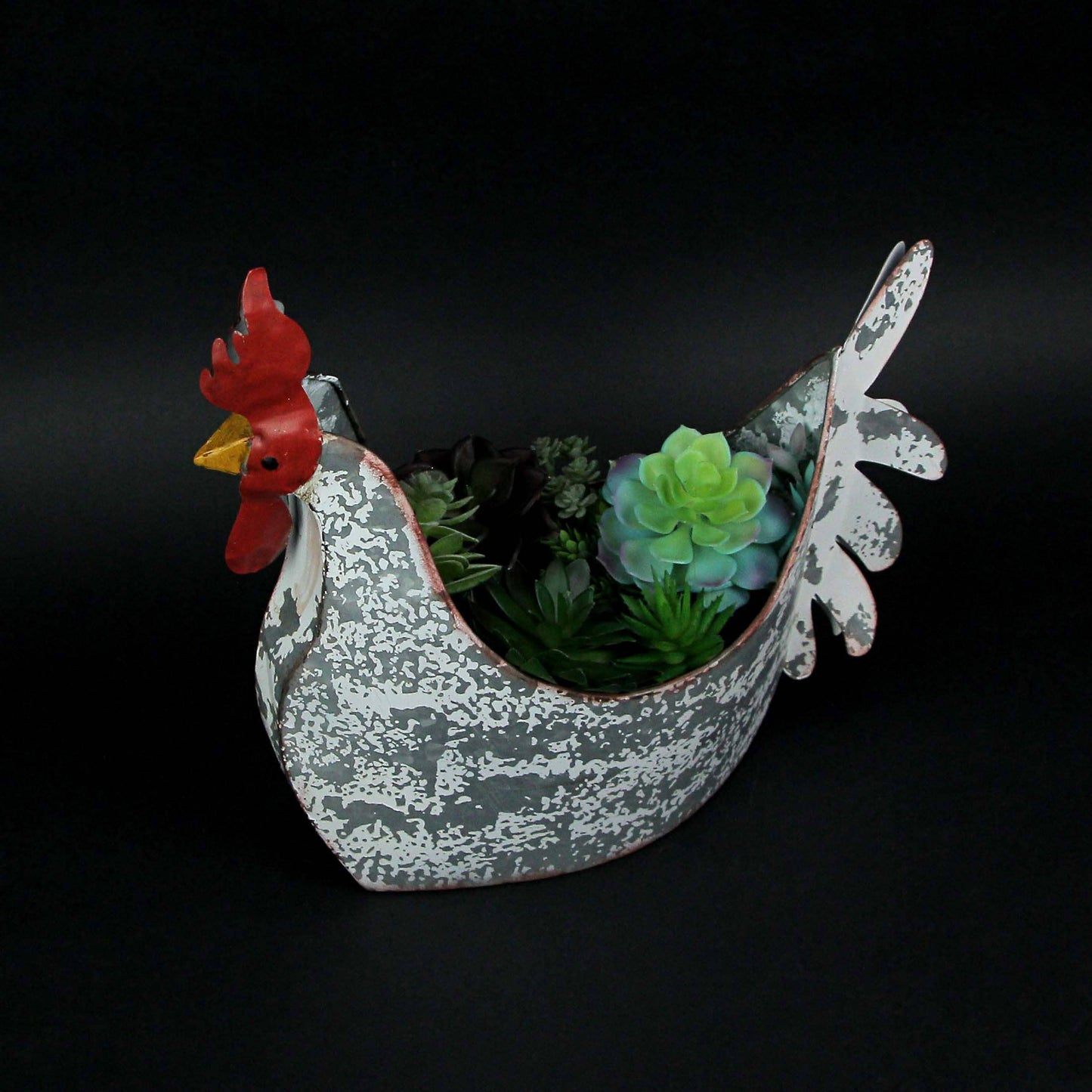 Weathered White Galvanized Metal Rooster Planter