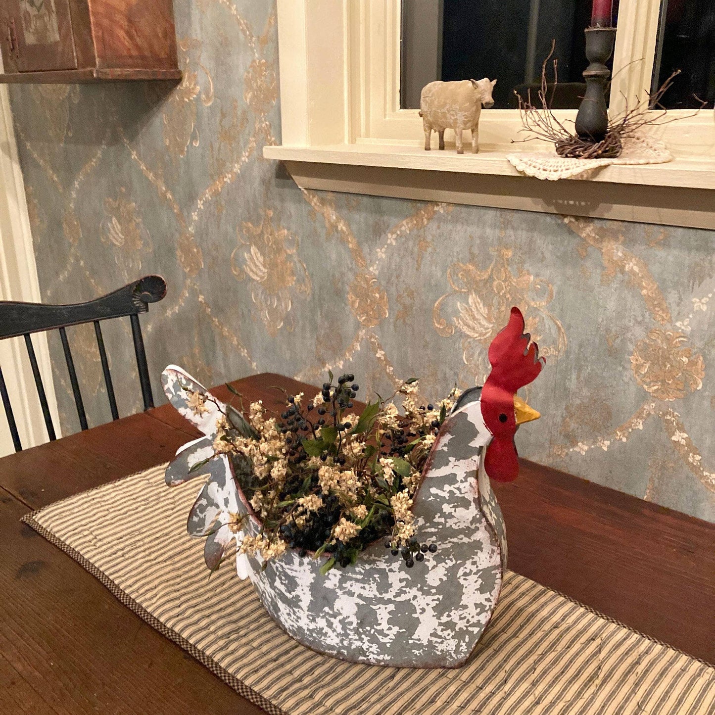 Weathered White Galvanized Metal Rooster Planter