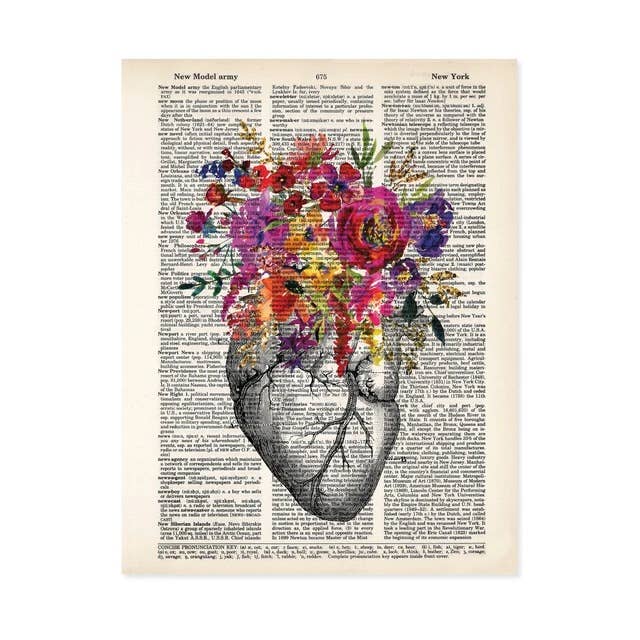 Heart Art Watercolor Flowers in Pinks, Purples - Anatomy Art