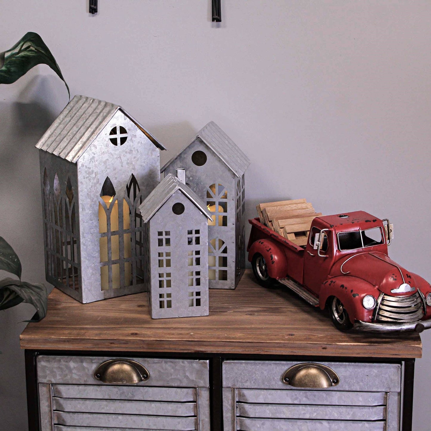 Set of 3 Country Farmhouse Metal House Shaped Candle Holders